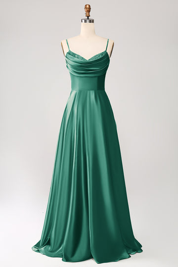 Dark Green A Line Cowl Neck Satin Long Ball Dress with Pleated
